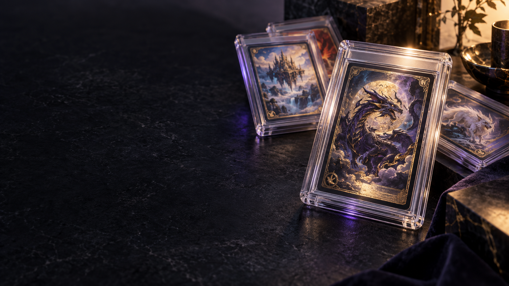Fictional collectible cards in grading holders on a dark table